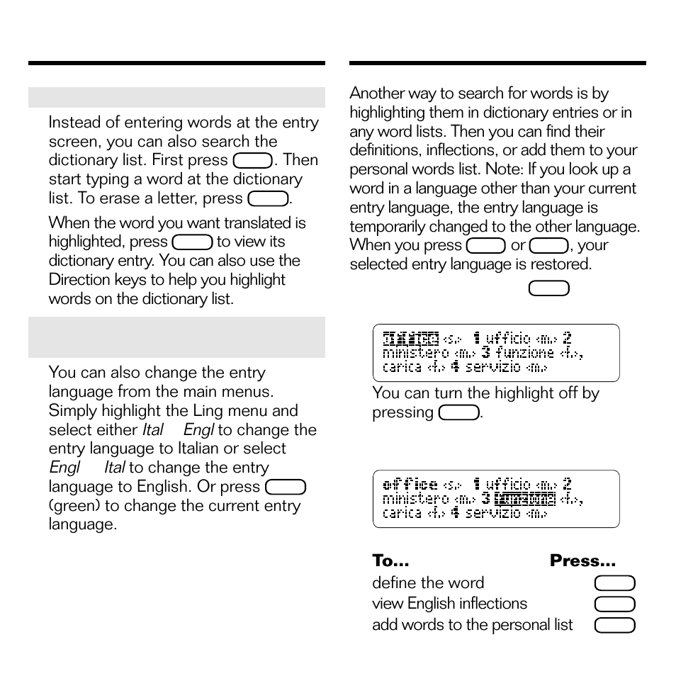 Highlighting a word, Finding dictionary entries | Franklin BQL-2066 User Manual | Page 10 / 23