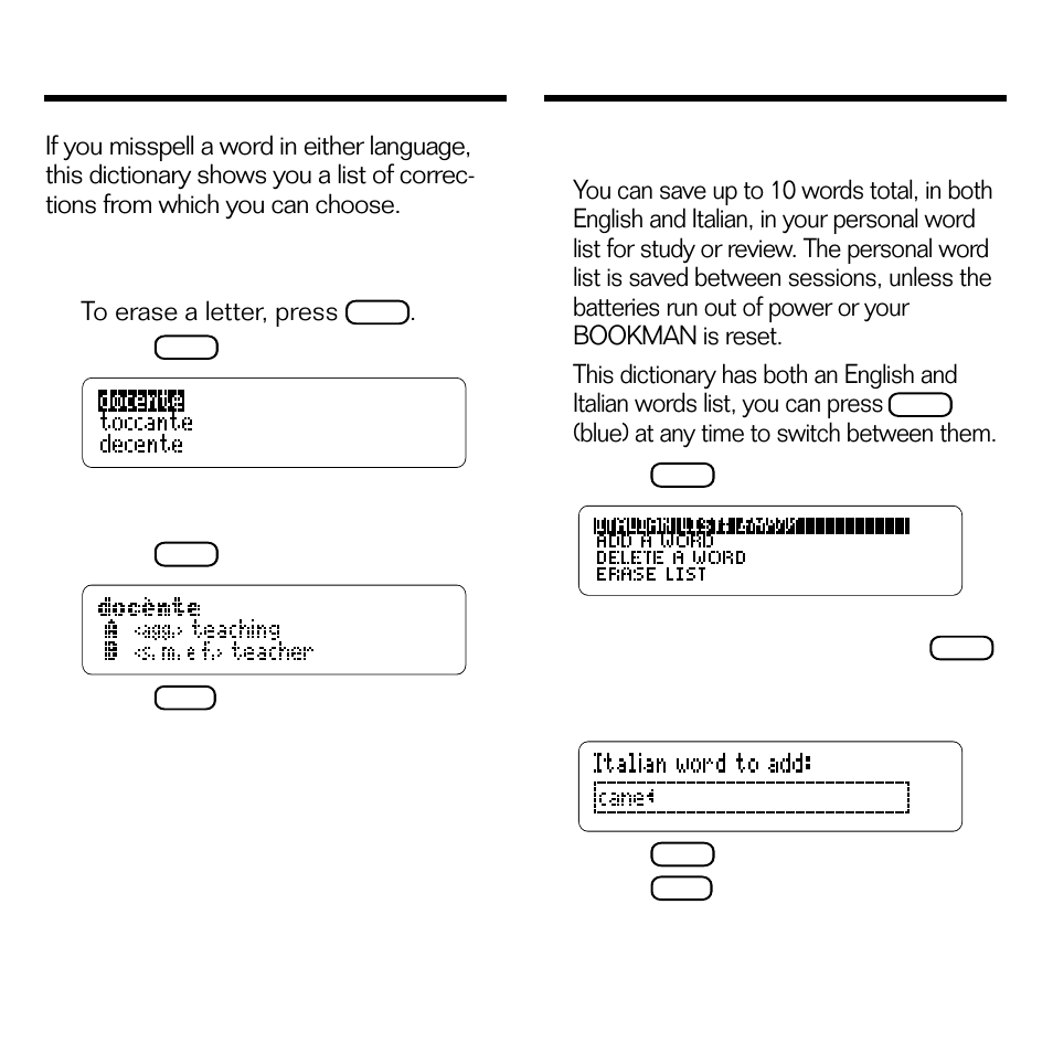 Correcting misspellings, Using your personal list, Correcting misspellings using your personal list | Adding words | Franklin BQL-2066 User Manual | Page 13 / 23