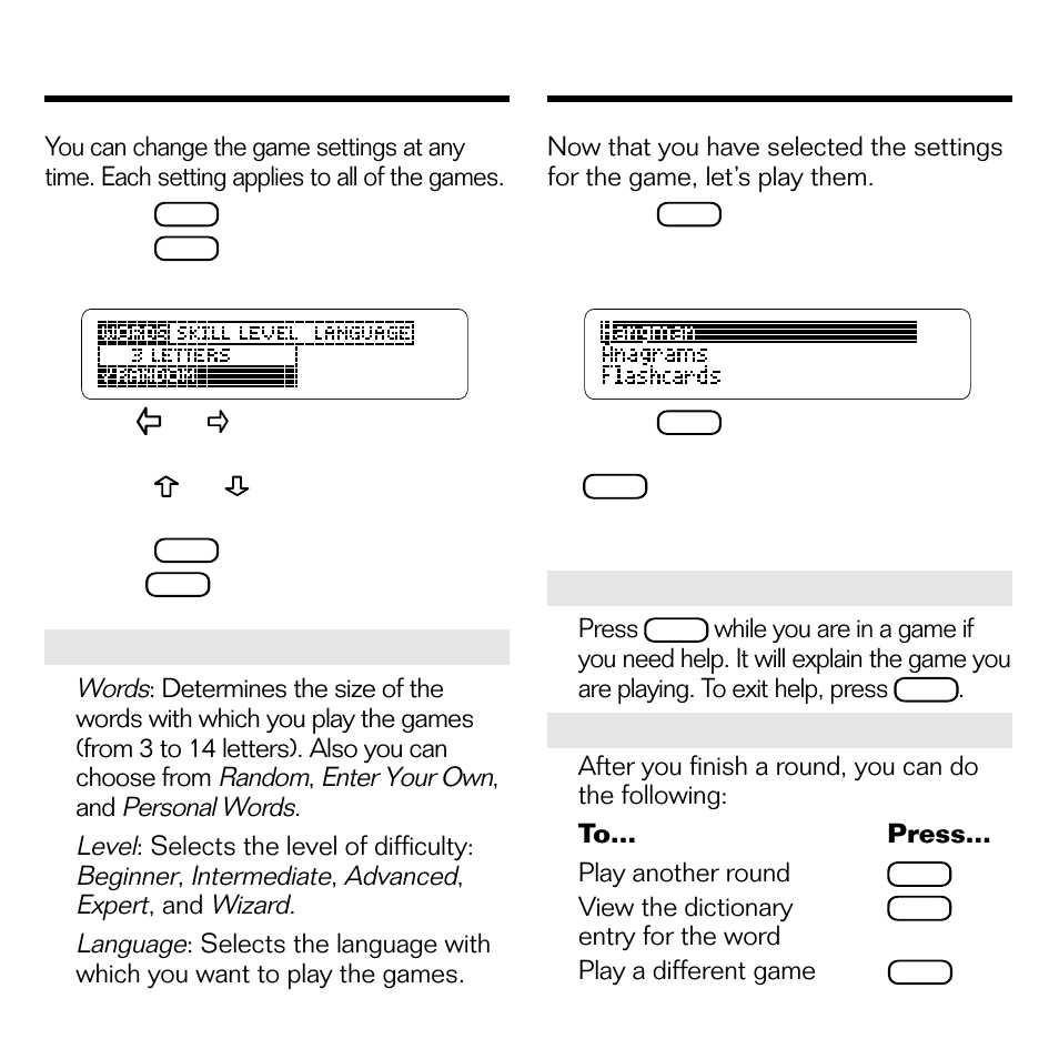 Changing game settings, Playing the games | Franklin BQL-2066 User Manual | Page 15 / 23