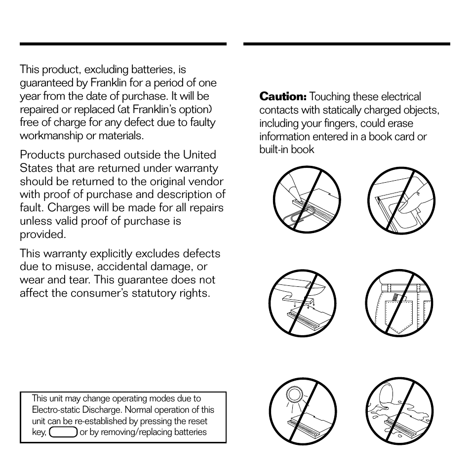 Limited warranty (outside u.s.), Book card care | Franklin BQL-2066 User Manual | Page 18 / 23