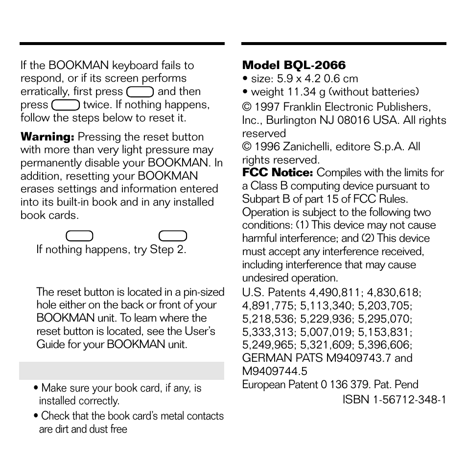 Resetting your bookman, Copyrights and patents, Resetting your bookman copyrights and patents | Franklin BQL-2066 User Manual | Page 20 / 23