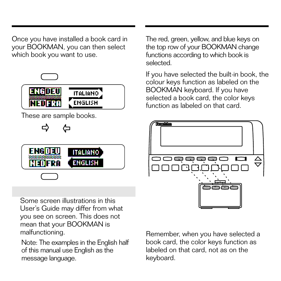 Selecting a book, Using the color keys | Franklin BQL-2066 User Manual | Page 6 / 23