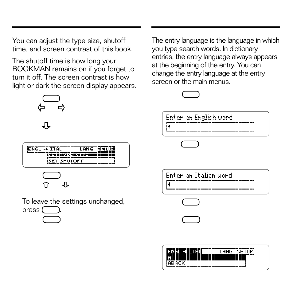 Changing the settings, Changing the entry language, Changing the settings changing the entry language | Franklin BQL-2066 User Manual | Page 8 / 23