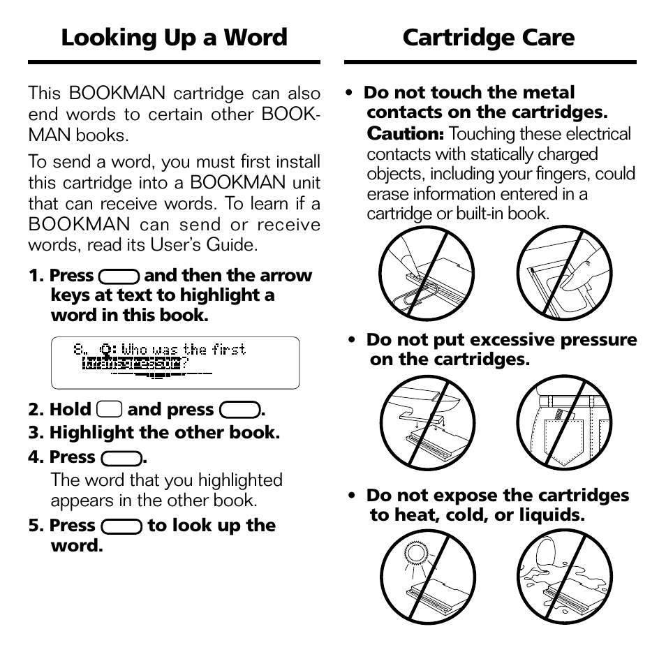 Cartridge care, Looking up a word | Franklin BQC-2021 User Manual | Page 12 / 16