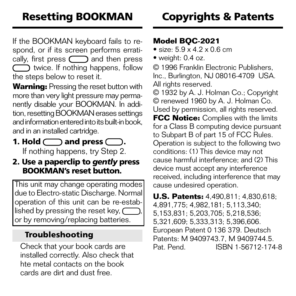 Copyrights & patents, Resetting bookman, If nothing happens, try step 2 | Franklin BQC-2021 User Manual | Page 14 / 16