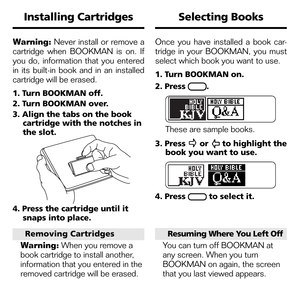Installing cartridges, Selecting books | Franklin BQC-2021 User Manual | Page 5 / 16