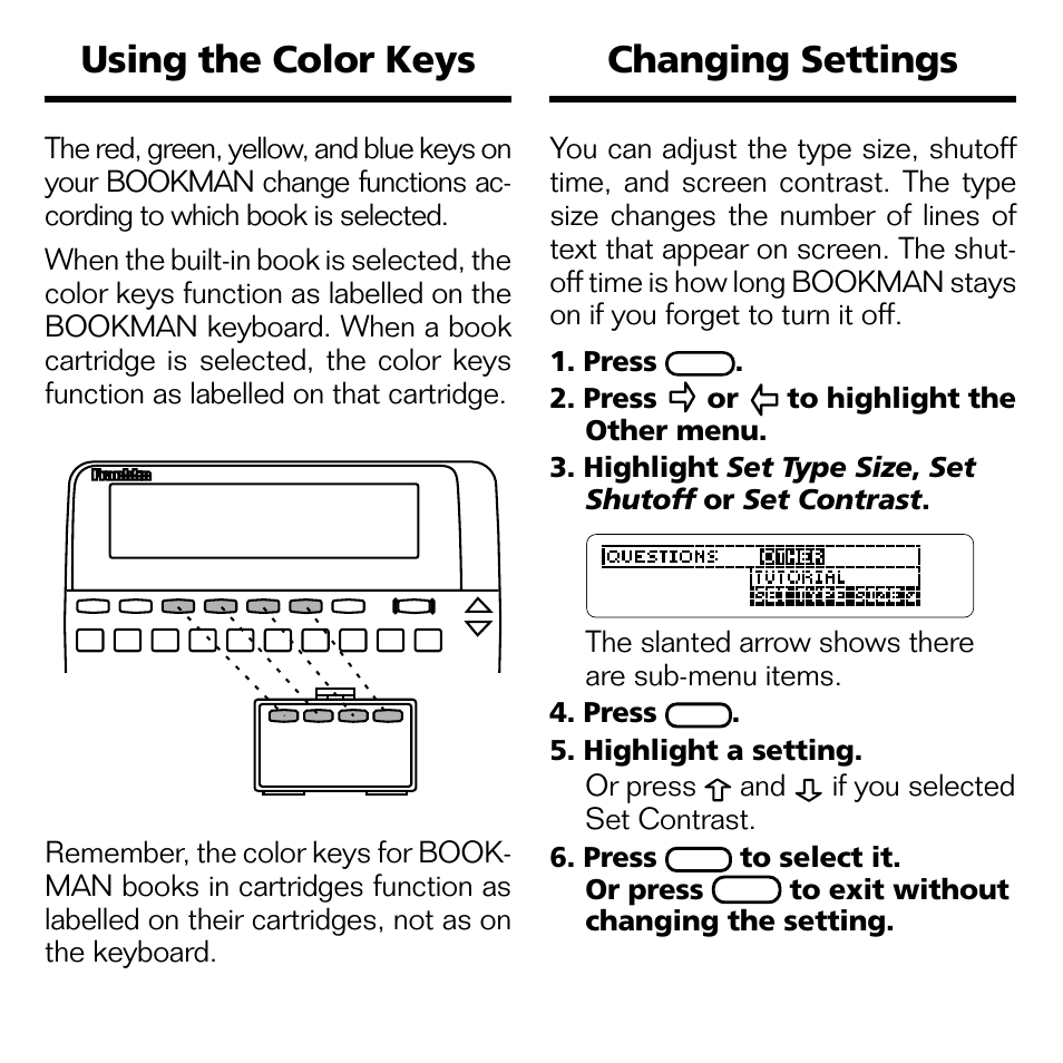 Using the color keys, Changing settings | Franklin BQC-2021 User Manual | Page 6 / 16