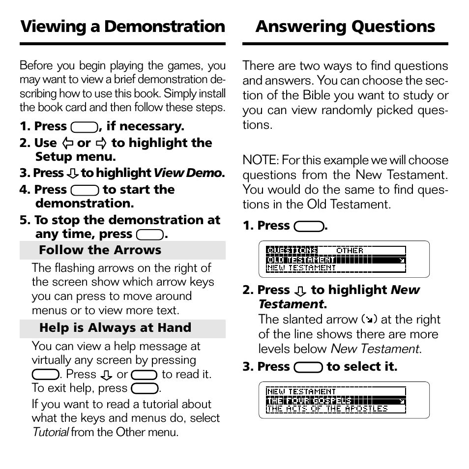 Answering questions, Viewing a demonstration | Franklin BQC-2021 User Manual | Page 7 / 16