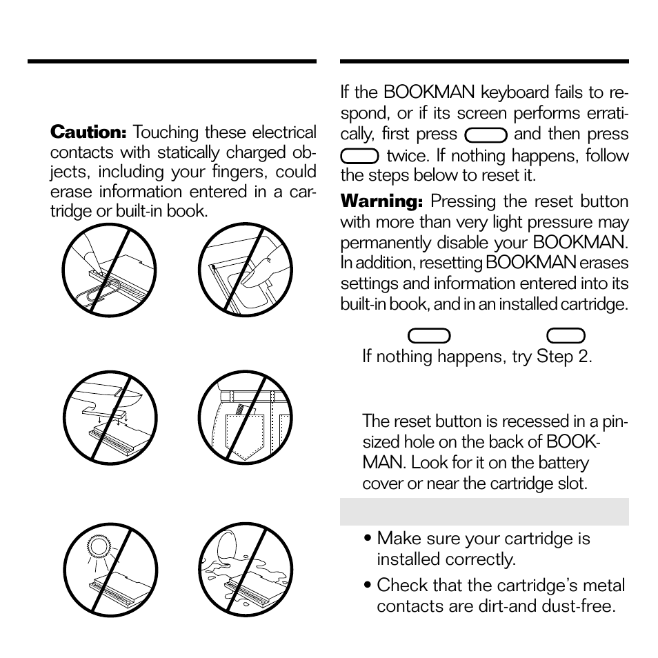 Cartridge care, Resetting bookman | Franklin EMG-2006 User Manual | Page 12 / 16