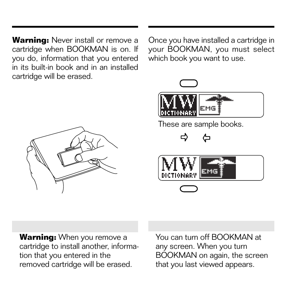 Installing cartridges, Selecting books | Franklin EMG-2006 User Manual | Page 5 / 16