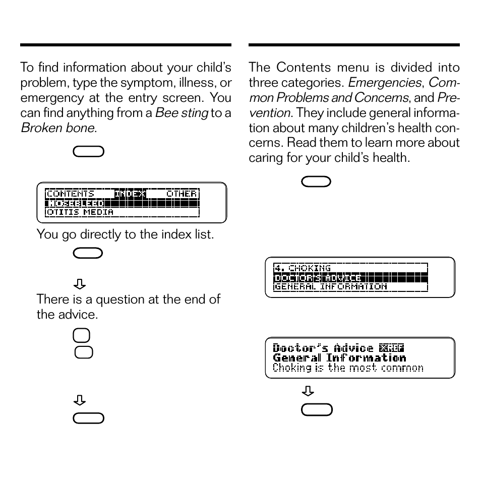 Finding information, Using the contents menu, Finding information using the contents menu | Franklin EMG-2006 User Manual | Page 8 / 16