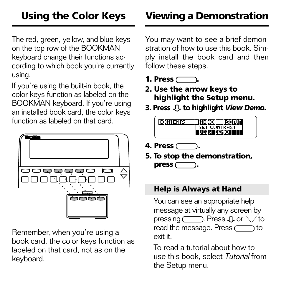 Viewing a demonstration, Using the color keys | Franklin CDR-440 User Manual | Page 7 / 20