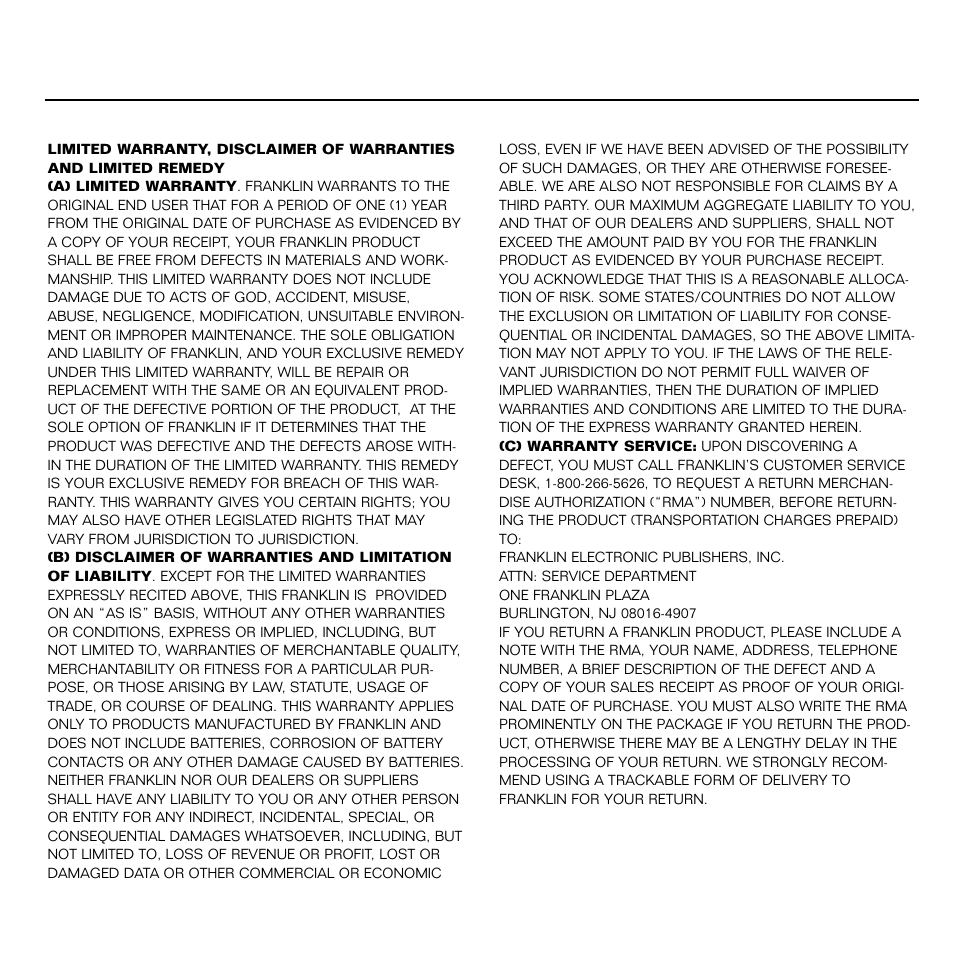 Limited warranty (u.s. only) | Franklin Merriam Webster Dictionary MWD-450 User Manual | Page 24 / 26