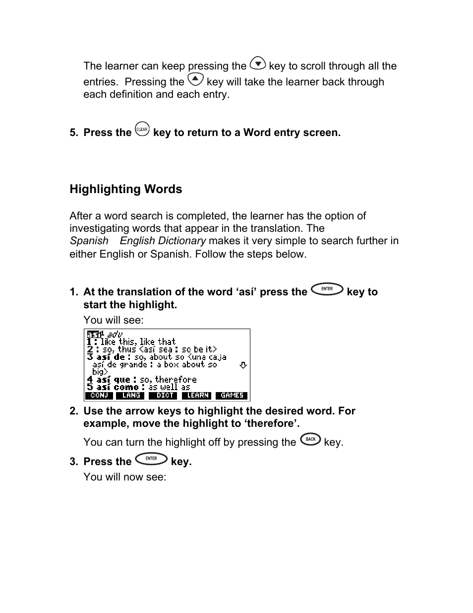 Highlighting words | Franklin BES-1850 User Manual | Page 10 / 39