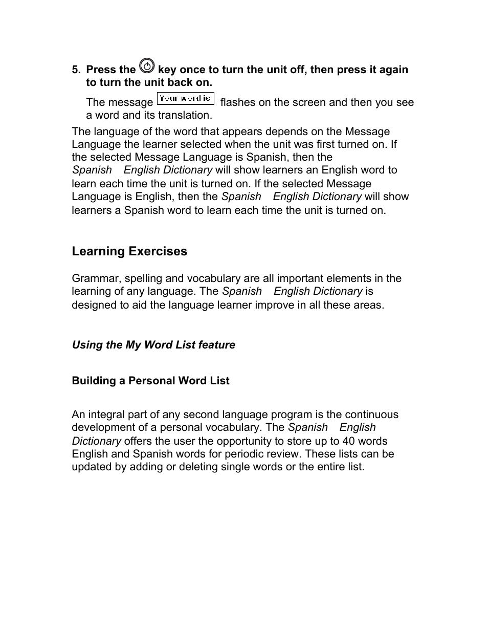 Learning exercises, Using the my word list feature, Building a personal word list | Franklin BES-1850 User Manual | Page 24 / 39