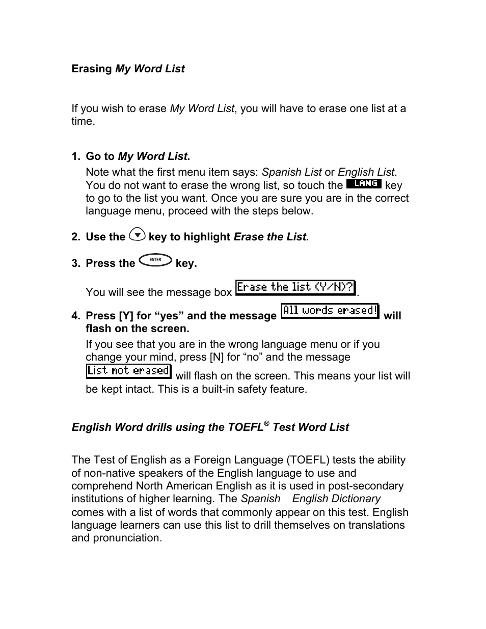 Erasing my word list, English word drills using the toefl, Test word list | Franklin BES-1850 User Manual | Page 29 / 39