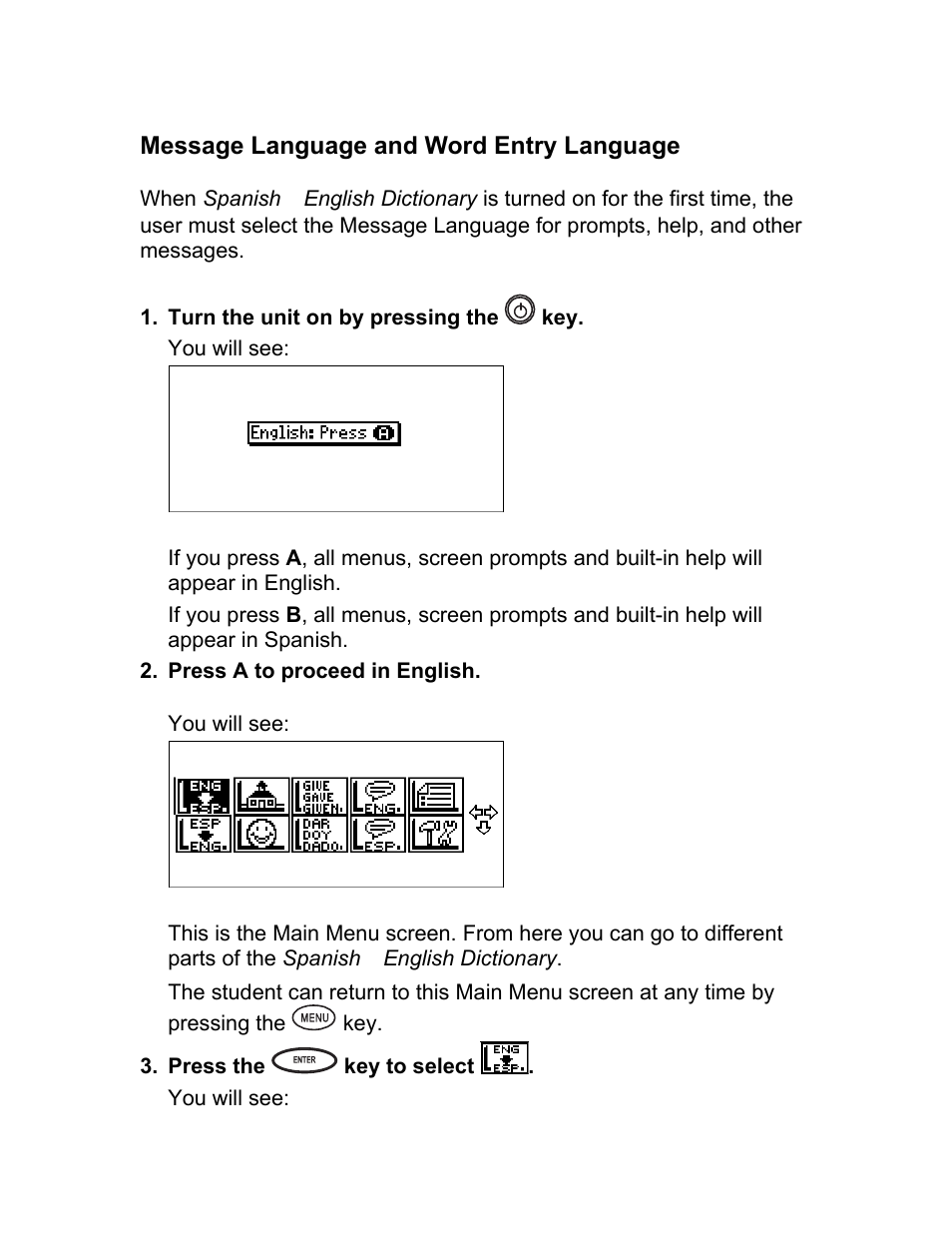 Message language and word entry language | Franklin BES-1850 User Manual | Page 6 / 39