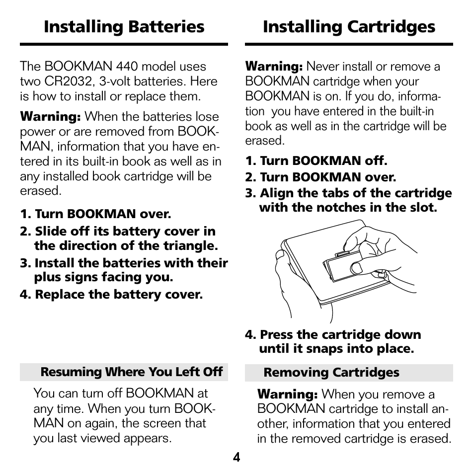 Installing cartridges installing batteries | Franklin Advanced Thesaurus ATH-440 User Manual | Page 5 / 16
