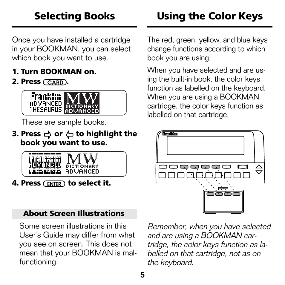 Selecting books using the color keys | Franklin Advanced Thesaurus ATH-440 User Manual | Page 6 / 16