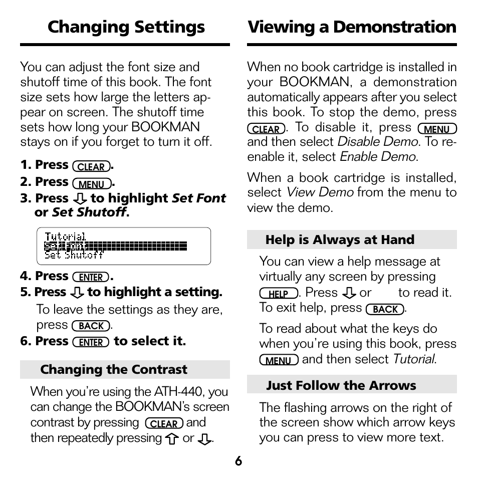 Changing settings, Viewing a demonstration | Franklin Advanced Thesaurus ATH-440 User Manual | Page 7 / 16