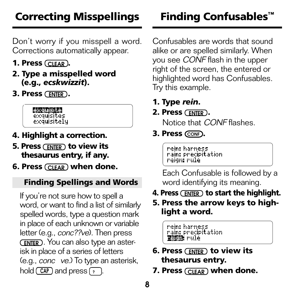 Finding confusables, Correcting misspellings | Franklin Advanced Thesaurus ATH-440 User Manual | Page 9 / 16