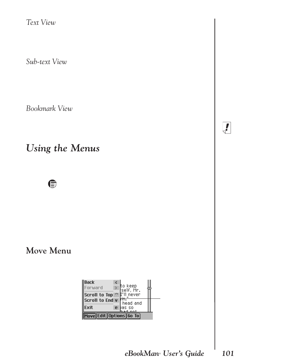 Text view, Sub-text view, Bookmark view | Using the menus, Move menu | Franklin EBM-901 User Manual | Page 101 / 243