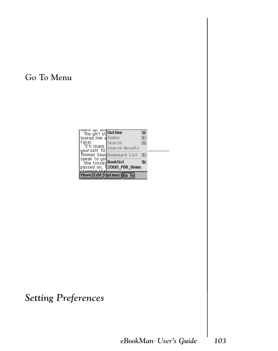 Go to menu, Setting preferences, 103 ebookman | User’s guide | Franklin EBM-901 User Manual | Page 103 / 243