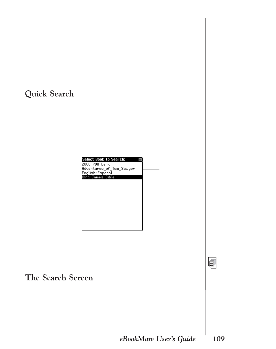 Quick search, The search screen, 109 ebookman | User’s guide | Franklin EBM-901 User Manual | Page 109 / 243