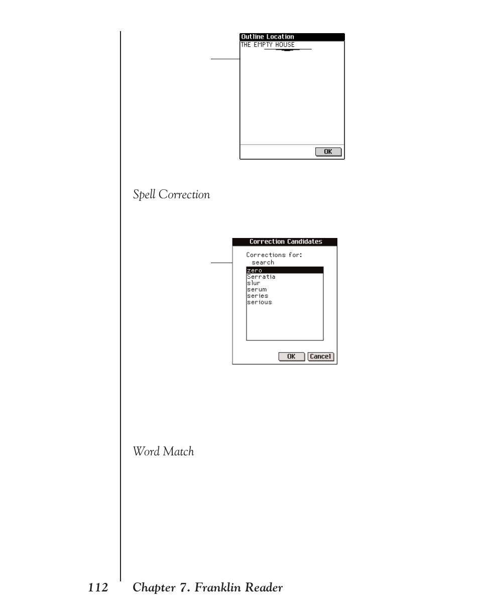 Spell correction, Word match, 112 chapter 7. franklin reader | Franklin EBM-901 User Manual | Page 112 / 243