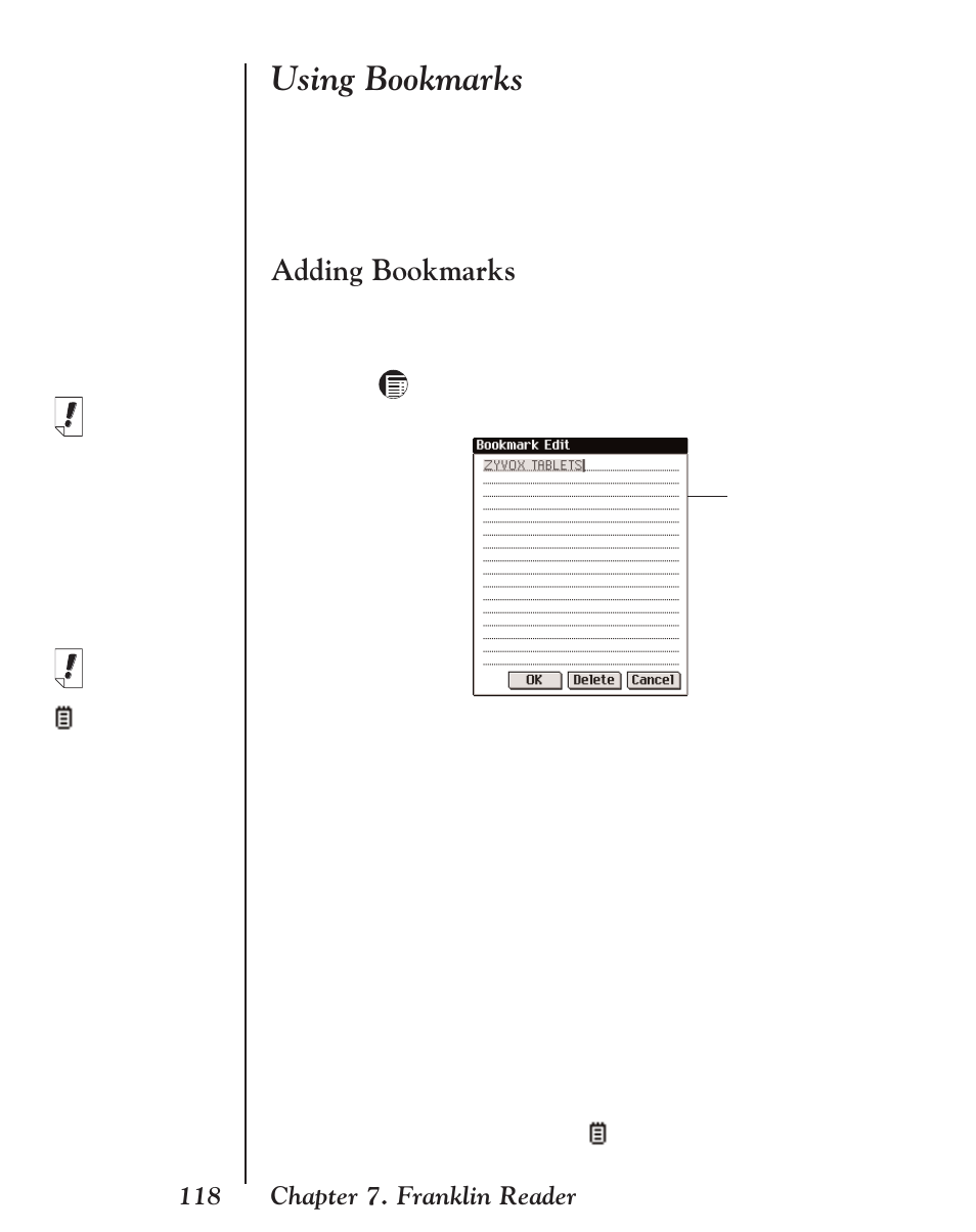 Using bookmarks, Adding bookmarks | Franklin EBM-901 User Manual | Page 118 / 243