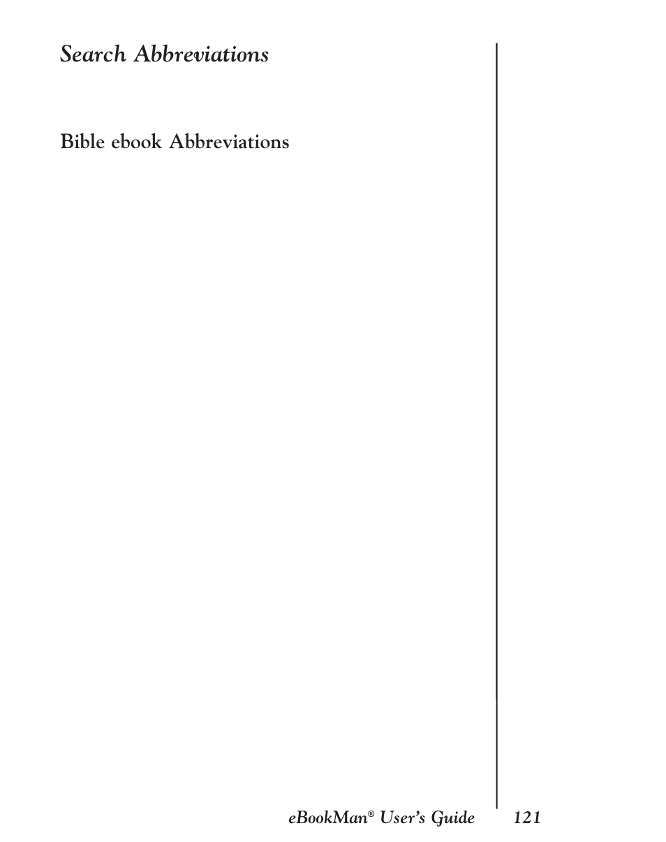 Search abbreviations, Bible ebook abbreviations | Franklin EBM-901 User Manual | Page 121 / 243