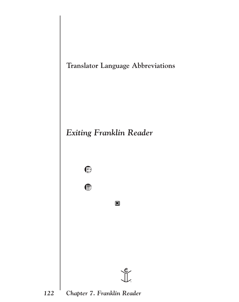 Translator language abbreviations, Exiting franklin reader | Franklin EBM-901 User Manual | Page 122 / 243