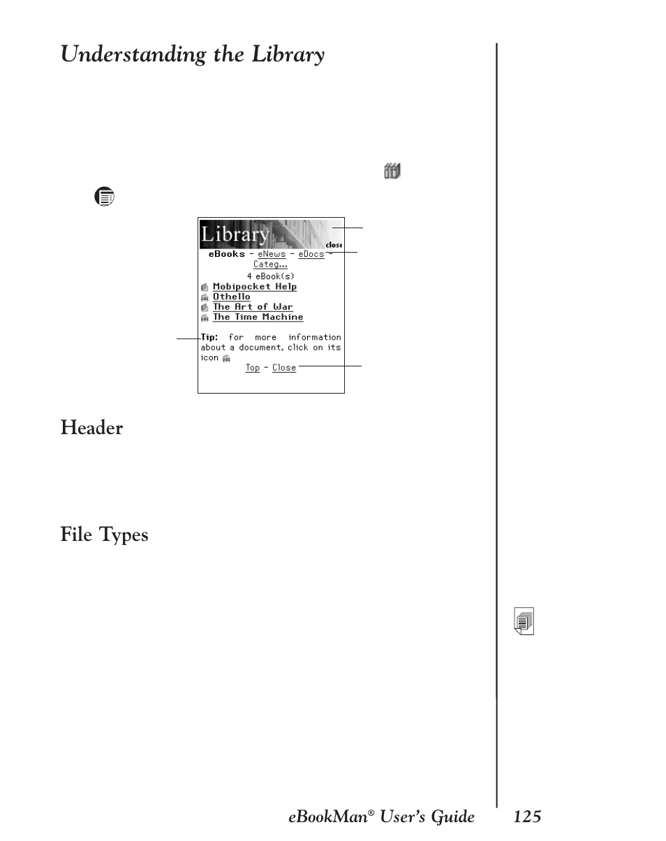 Understanding the library, Header, File types | Franklin EBM-901 User Manual | Page 125 / 243
