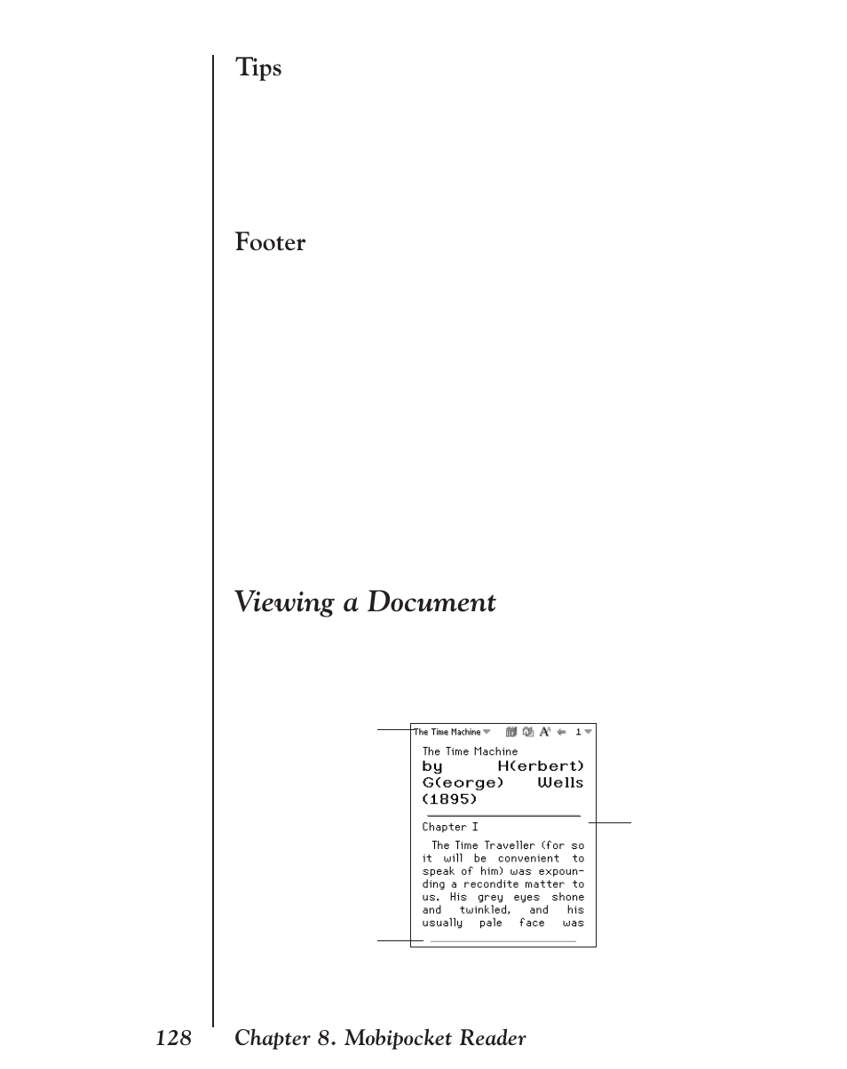 Tips, Footer, Viewing a document | Franklin EBM-901 User Manual | Page 128 / 243