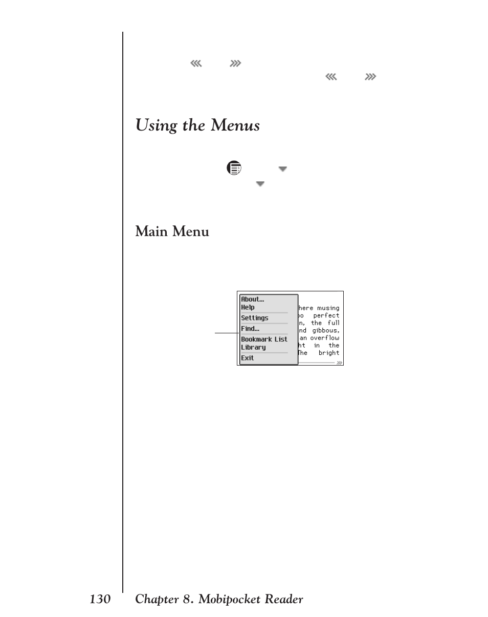 Using the menus, Main menu | Franklin EBM-901 User Manual | Page 130 / 243