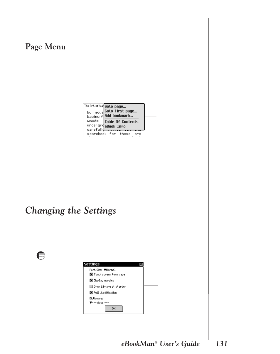 Changing the settings, Page menu | Franklin EBM-901 User Manual | Page 131 / 243