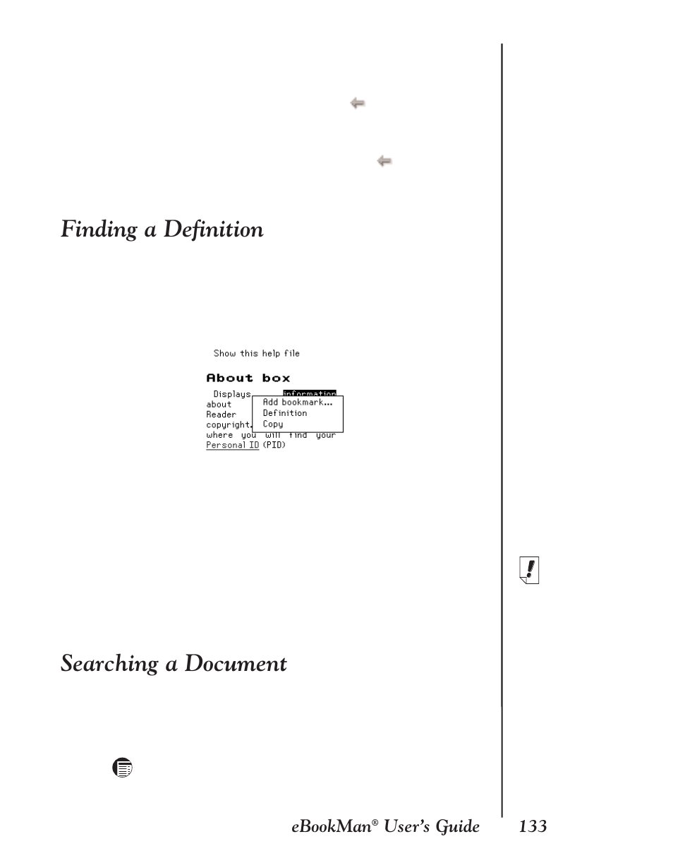 Finding a definition, Searching a document | Franklin EBM-901 User Manual | Page 133 / 243