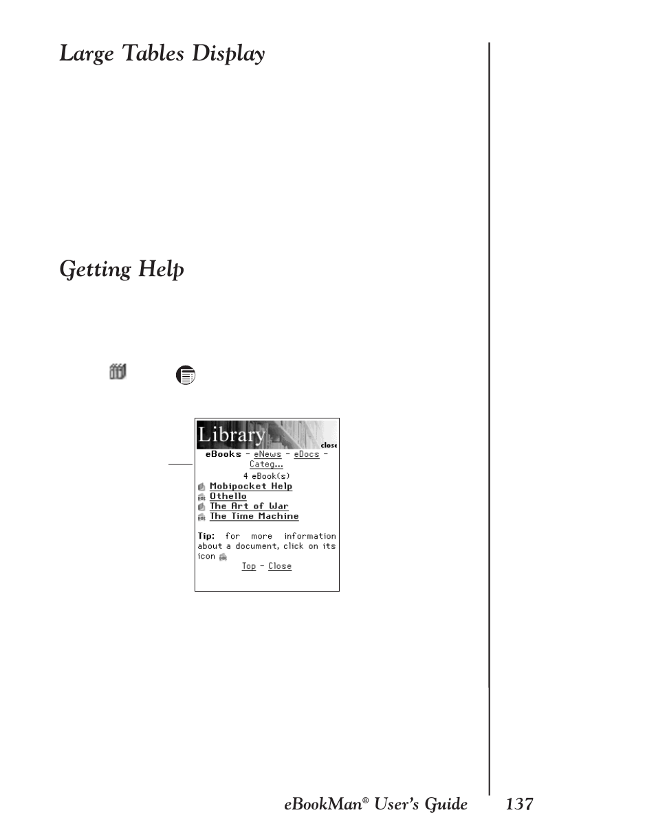 Large tables display, Getting help | Franklin EBM-901 User Manual | Page 137 / 243