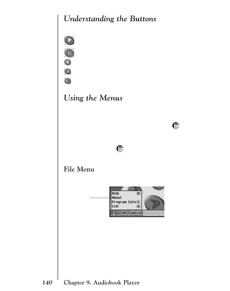 Understanding the buttons, Using the menus, File menu | Franklin EBM-901 User Manual | Page 140 / 243