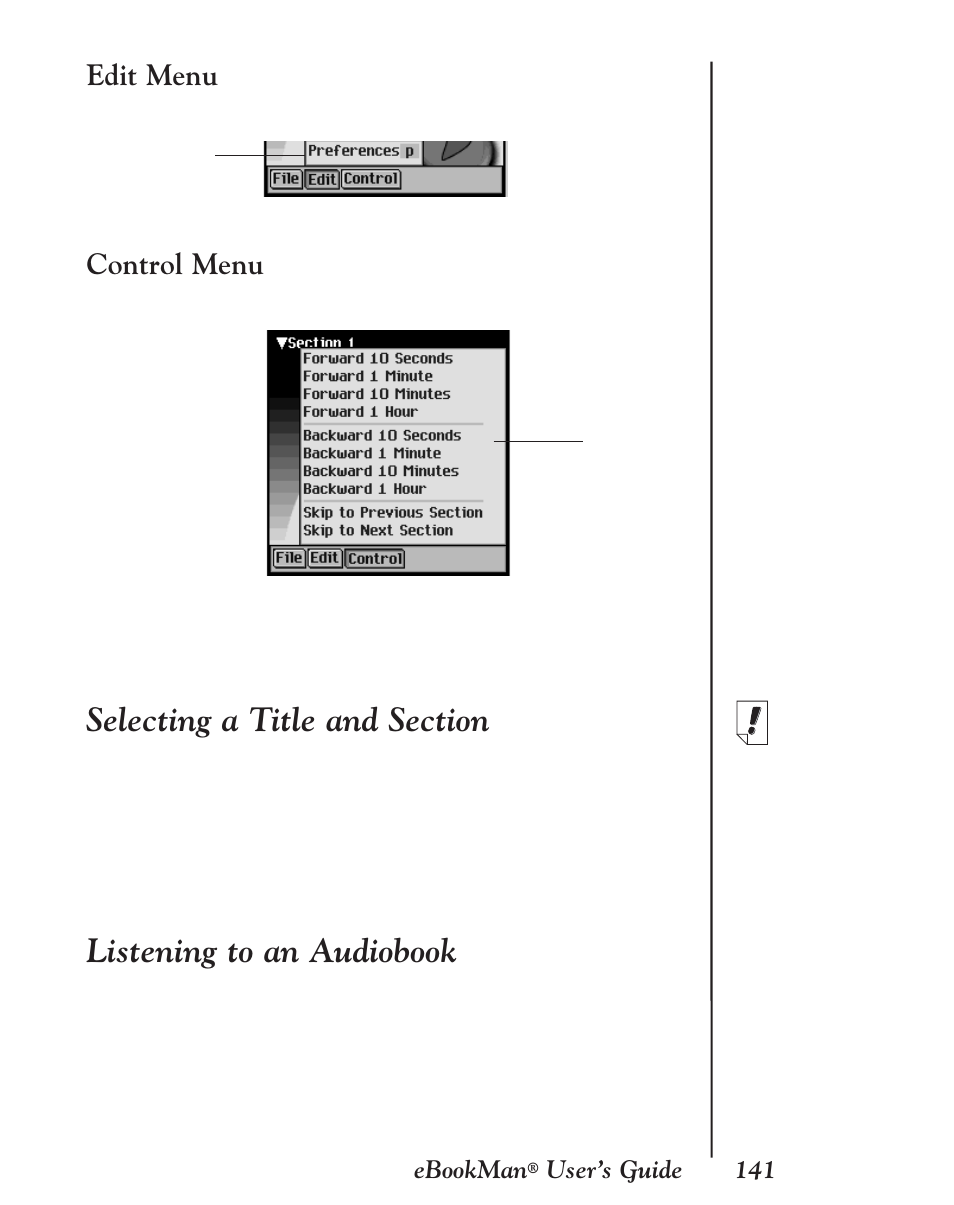 Edit menu, Control menu, Selecting a title and section | Listening to an audiobook | Franklin EBM-901 User Manual | Page 141 / 243