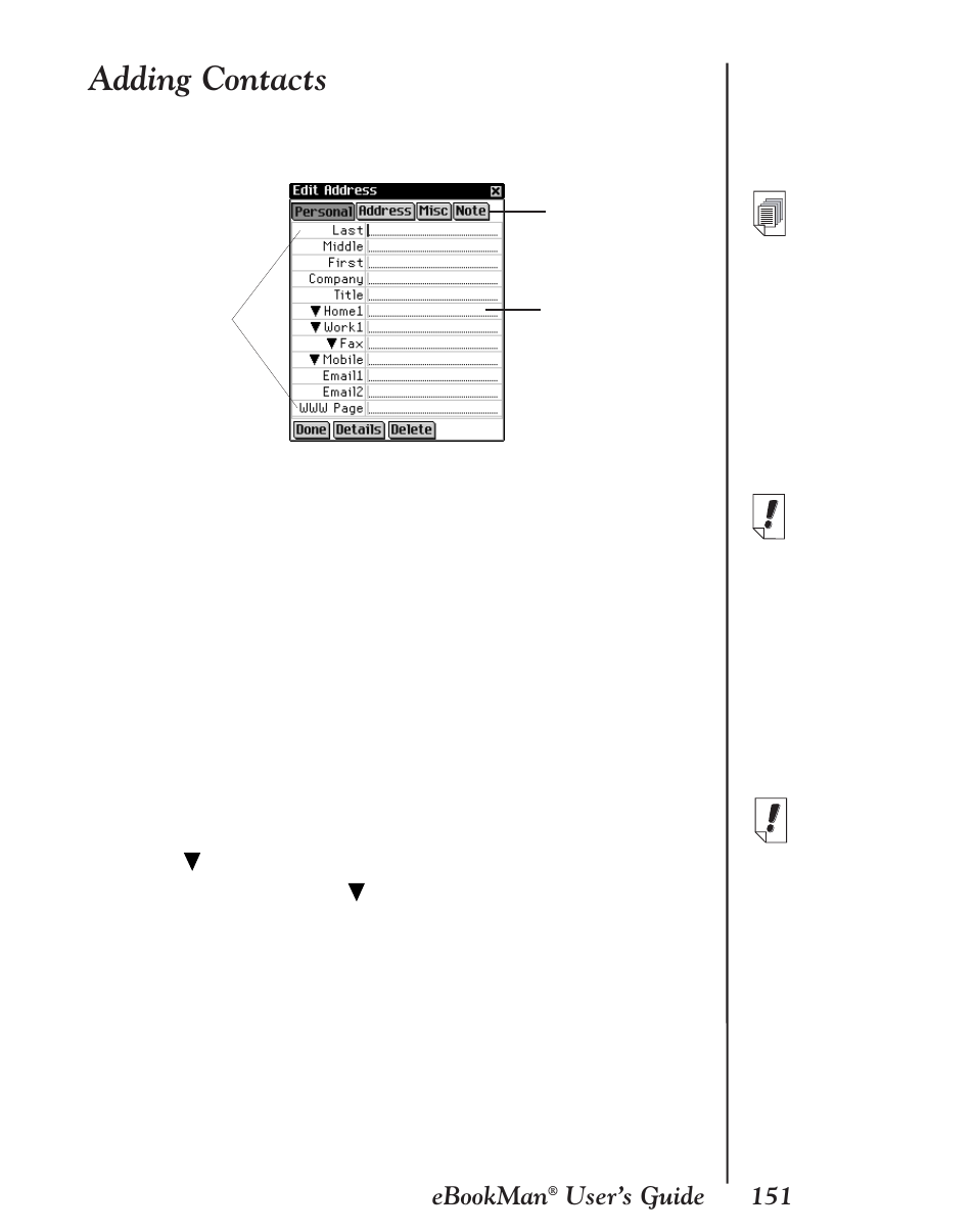 Adding contacts, 151 ebookman, User’s guide | Franklin EBM-901 User Manual | Page 151 / 243