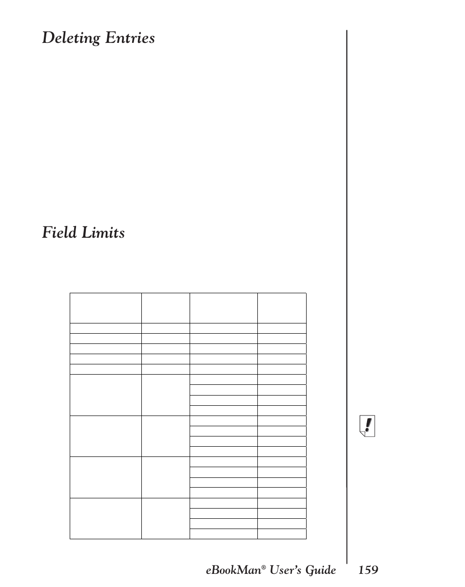 Deleting entries, Field limits, 159 ebookman | User’s guide | Franklin EBM-901 User Manual | Page 159 / 243