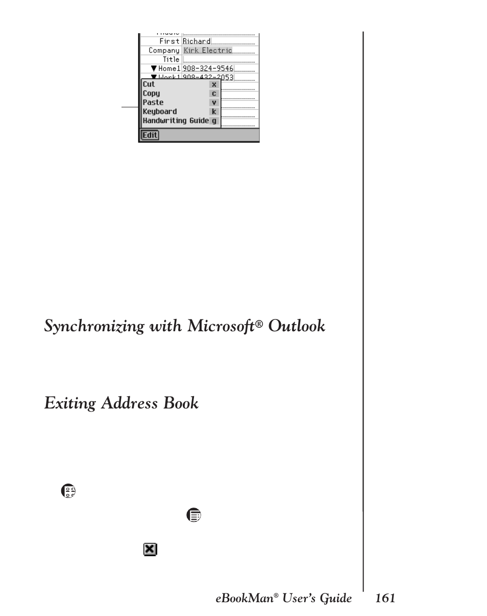 Synchronizing with microsoft® outlook, Exiting address book, Synchronizing with microsoft | Outlook | Franklin EBM-901 User Manual | Page 161 / 243