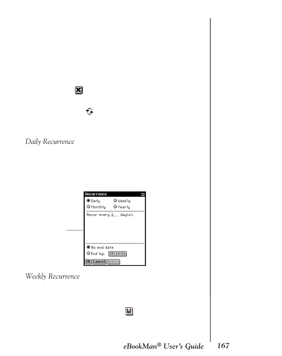 Daily recurrence, Weekly recurrence | Franklin EBM-901 User Manual | Page 167 / 243