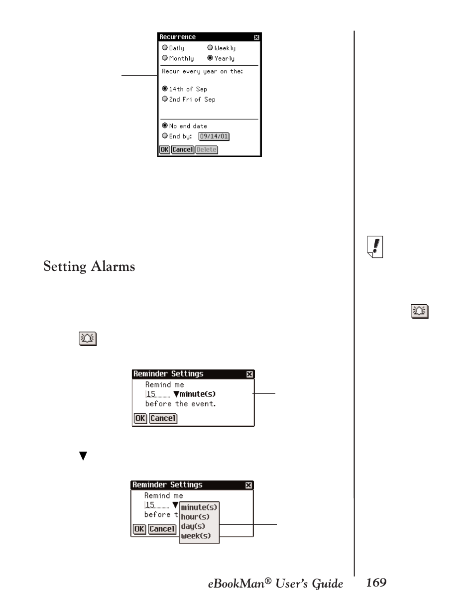 Setting alarms, 169 ebookman, User’s guide | Franklin EBM-901 User Manual | Page 169 / 243
