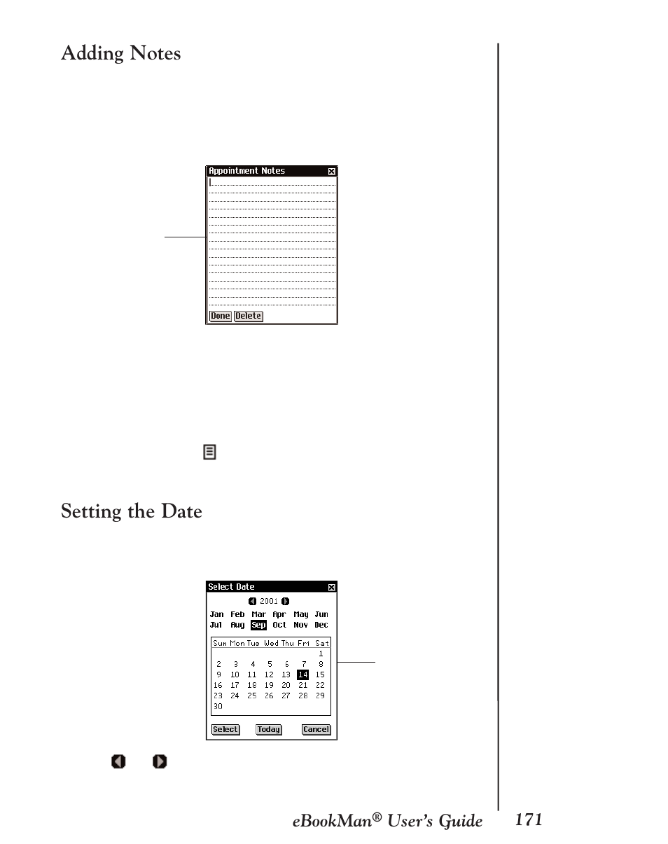 Adding notes, Setting the date | Franklin EBM-901 User Manual | Page 171 / 243