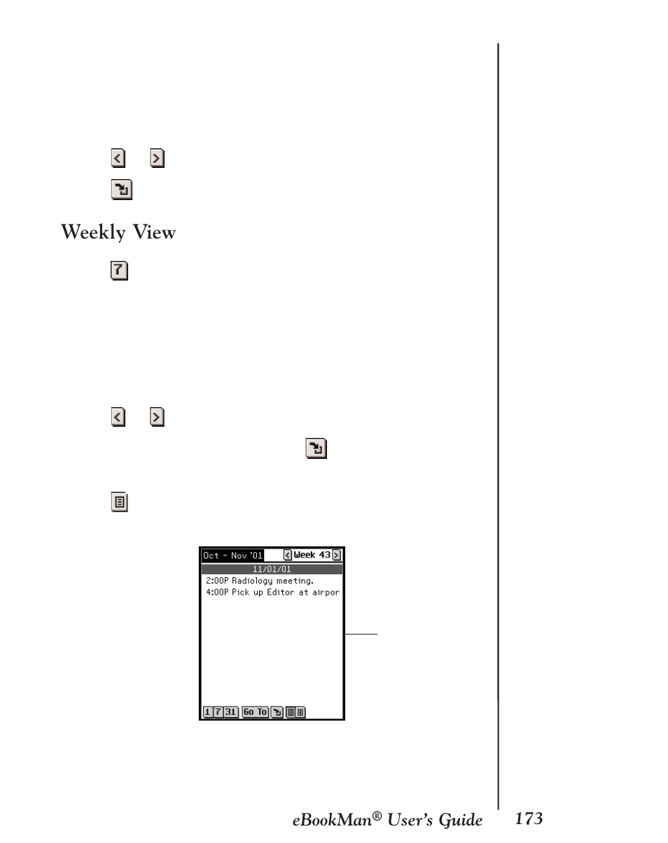Weekly view, 173 ebookman, User’s guide | Franklin EBM-901 User Manual | Page 173 / 243