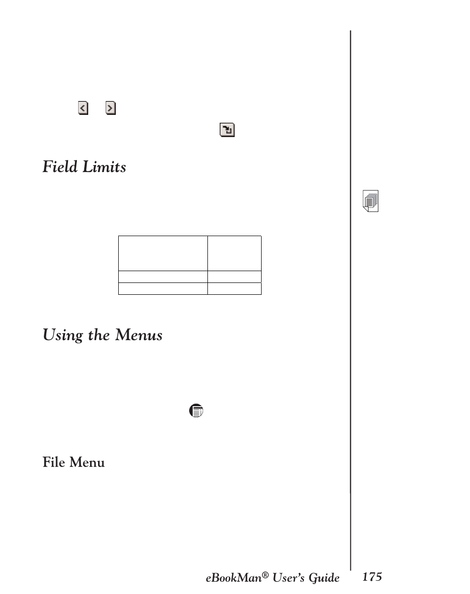 Field limits, Using the menus, File menu | Franklin EBM-901 User Manual | Page 175 / 243