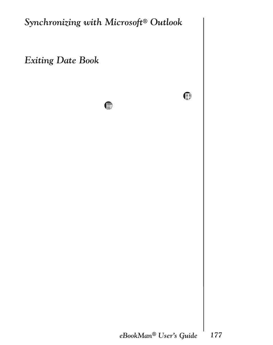 Synchronizing with microsoft® outlook, Exiting date book, Synchronizing with microsoft | Outlook | Franklin EBM-901 User Manual | Page 177 / 243