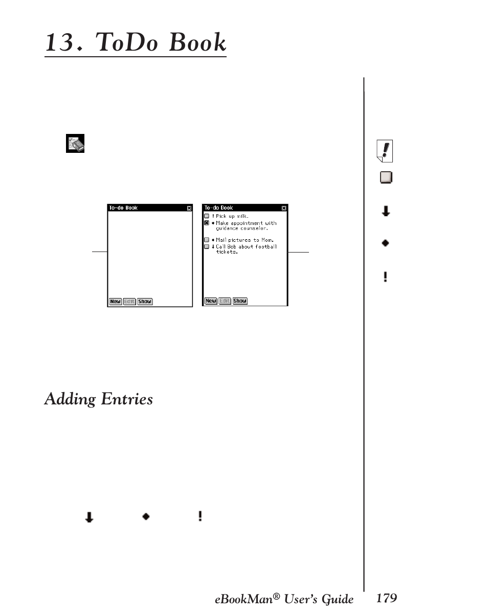 Todo book, Adding entries | Franklin EBM-901 User Manual | Page 179 / 243